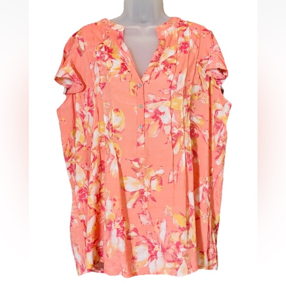 Cocomo Tops - Cocomo Woman Floral Pleated Flutter Sleeve Tropical Popover Top size 1X